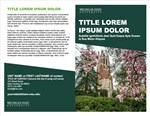 Thumbnail of a bifold brochure with an image of Beaumont Tower with green and white background spaces and white and black placeholder text.