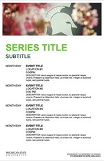 A thumbnail of an event series advertising poster with a photo of the white Spartan helmet from Spartan Stadium viewed through flowering trees along the top, a white background, bright green series title placeholder text and black detail placeholder text.