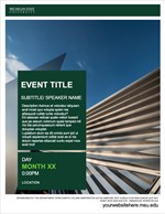 A thumbnail of an event flyer with a photo of Broad Art Museum in the background, a green banner across the top with a white border below it and a white Michigan State University wordmark in the upper left corner, a green box with white placeholder text in the foreground along the left side, and a white banner along the bottom.