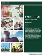 A thumbnail for an event flyer featuring a grid of photos along the left, a green banner with white Michigan State University wordmark across the top, a white banner across the bottom with placeholder text, and a green sidebar with white placeholder text.