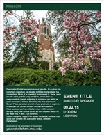 A thumbnail for an event flyer featuring a photo of Beaumont Tower in the background, a green banner across the top, and a green 1/3 banner across the bottom with white placeholder text.