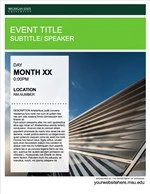 A thumbnail for an event flyer featuring a photo of Broad Art Museum in the background, a dark green banner across the top, a bright green banner with white placeholder text below that, and a white semi-transparent box on the left side foreground with black placeholder text.