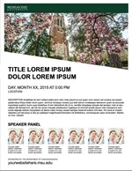 A thumbnail for an event flyer featuring a photo of Beaumont Tower surrounded by flowering trees along the top, a white background and black placeholder text.