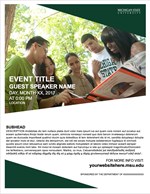 A thumbnail for an event flyer featuring a photo of students along the top, a dark green triangle with a white Michigan State University wordmark in the upper right corner, a dark green triangle in the left lower corner, and a white background with black placeholder text.