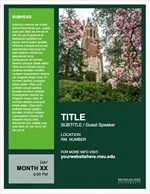 A thumbnail of an event flyer with a dark green background, a bright green box in the left column with white placeholder text, a small square photo of Beaumont Tower surrounded by flowering trees on the right, and white placeholder text below the photo.