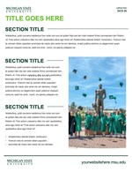 A thumbnail of a text-based manual cover with a photo of graduates tossing their caps by The Spartan statue in the right lower corner, and text on the left. The placeholder title is light green, subheads are dark green and text is black.