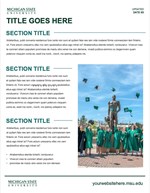 A thumbnail of a text-based manual cover with a photo of graduates tossing their caps by The Spartan statue in the right lower corner, and text on the left. The placeholder title is dark green, subheads are teal and text is black.