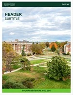 A thumbnail of a newsletter cover with an aerial photo of campus, and a green banner along the top, with placeholder text on the top of the image