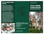 A trifold brochure with a green background and white placeholder text. The front cover has a photo of Beaumont Tower and the inside flap has a photo of the Spartan Marching Band.