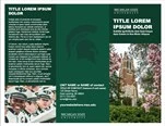 A trifold brochure with a green background and white placeholder text. The front cover has a photo of Beaumont Tower and the inside flap has a photo of the Spartan Marching Band.